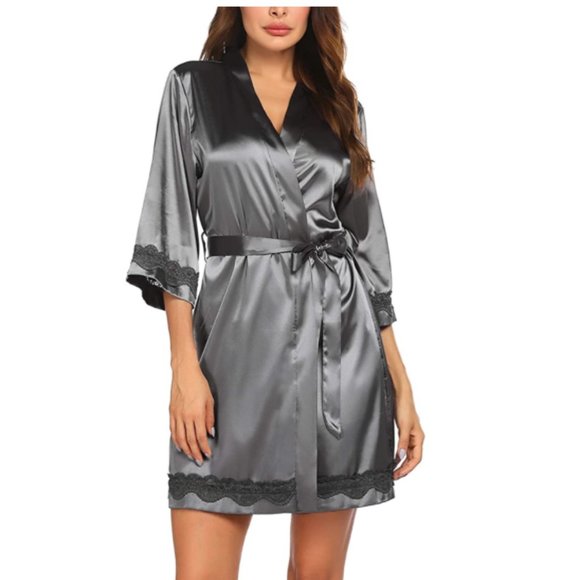 NEW! Sexy Lace Trim Silky Satin Kimono Robe - Picture 3 of 5